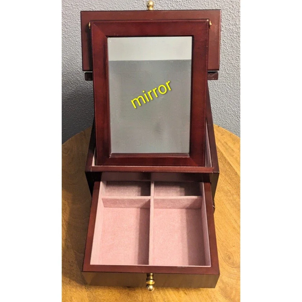 Vintage Solid Wood Jewelry Box Cherry Finish Pink Velvet Lining Flip Up Mirror